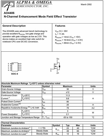 AO4406,AO4406參數(shù),AO4406規(guī)格書(shū),11.5A/30V