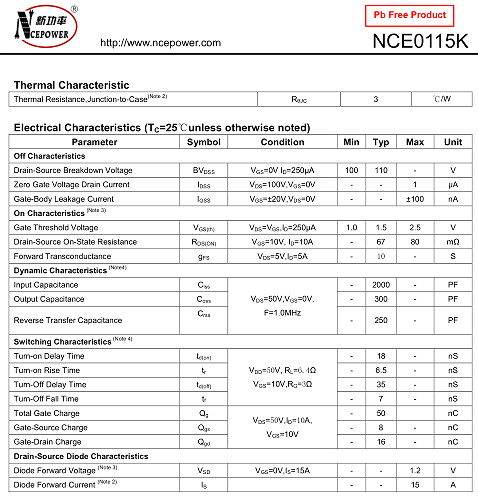 NCE0115K,NCE0115K參數,NCE0115K規格書