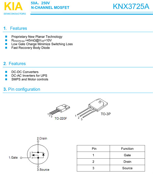 逆變器專用MOS,50A/ 250V,KNX3725A