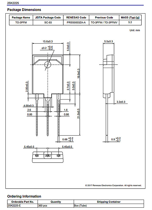 瑞薩2SK2225參數1500V2A